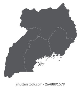 Uganda mapeia quatro regiões principais. Mapa de Uganda quatro principais regiões em cor cinza com Lago Vitória