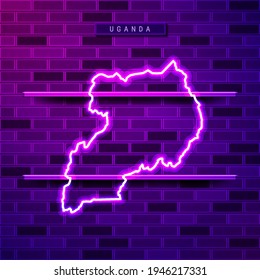 Uganda map glowing neon lamp sign. Realistic vector illustration. Country name plate. Purple brick wall, violet glow, metal holders.