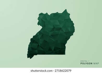 Karte von Uganda - Vektorgrafik im Stil eines grünen Polygons, geometrisches Design mit niedrigem Poly und sauberer Silhouette auf weichgrünem Hintergrund.