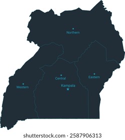 Uganda map high detailed with administrative divide by state, capital cities names, outline simplicity style. Vector illustration EPS10.