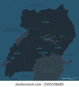 Karte von Uganda. Detaillierte Karte von Uganda mit Ländern, Grenzen, Städten, Wasserobjekten. Vektorgrafik eps10