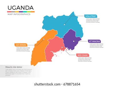 Uganda map infographics vector template with regions and pointer marks