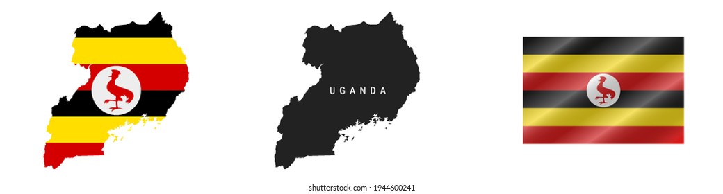 Uganda. Map with masked flag. Detailed silhouette. Waving flag. Vector illustration isolated on white.