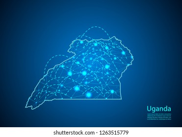 uganda map with nodes linked by lines. concept of global communication and business. Dark uganda map created from white dots with travel locations or internet connection.