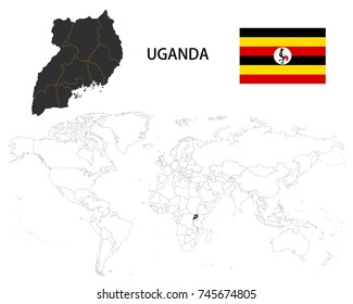 Uganda map on a world map with flag on white background.