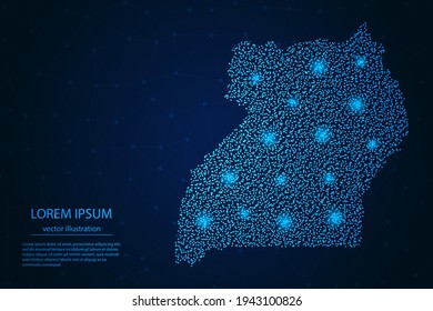 Uganda map from point blue and glowing stars on a dark background. Vector eps 10.
