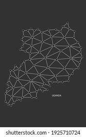 Uganda Map Point scales on black background. Wire frame polygonal network white line, dot and shadow dot.
