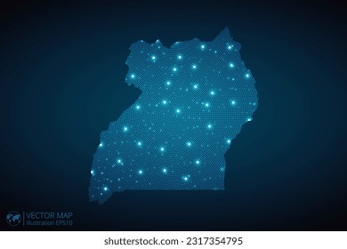 Uganda map radial dotted pattern in futuristic style, design blue circle glowing outline made of stars. concept of communication on dark blue background. Vector EPS10