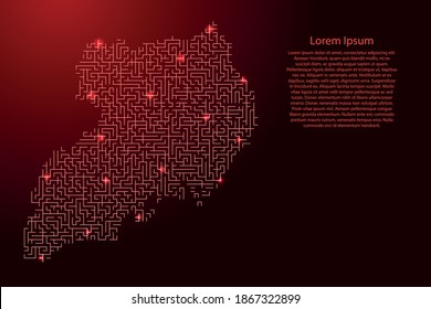 Uganda map from red pattern of the maze grid and glowing space stars grid. Vector illustration.