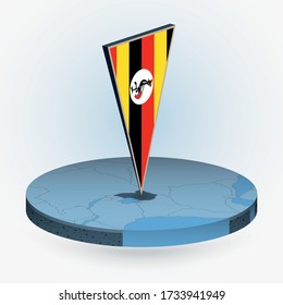 Uganda map in round isometric style with triangular 3D flag of Uganda, vector map in blue color. 