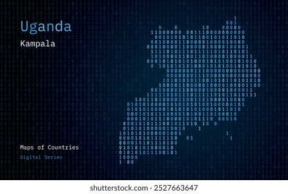 Uganda Map Shown in Binary Code Pattern. Matrix numbers, zero, one. World Countries Vector Maps. Digital Series