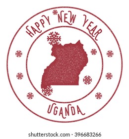 Uganda map stamp. Retro Happy New Year Uganda Stamp. Stylised rubber stamp with Uganda map and Happy New Year text, vector illustration.