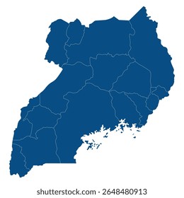 Sub-regiões do mapa de Uganda. Mapa de Uganda quatro sub-regiões em cor azul sem Lago Vitória