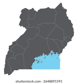 Sub-regiões do mapa de Uganda. Mapa de Uganda quatro sub-regiões em cor cinza com Lago Vitória