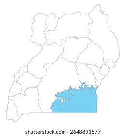 Sub-regiões do mapa de Uganda. Mapa de Uganda quatro sub-regiões em cor branca com Lago Vitória