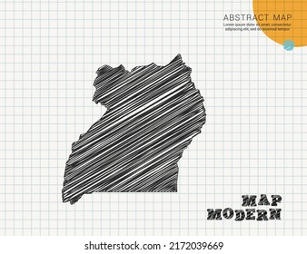 Uganda map of vector black silhouette chaotic hand drawn scribble sketch on grid paper used for notes or decoration.