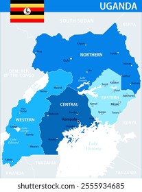 Uganda Map Vector Blue Spot - Customizable layered political map of Uganda with administrative divisions for website, education, reports, news, politics, print, poster and wallpaper