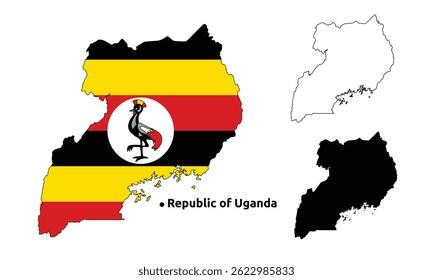Uganda Map Vector - Country Outline, Flag Inside Map, Blank and Silhouette Version