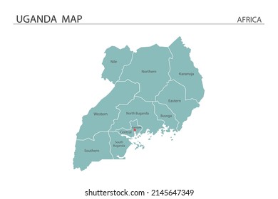 Uganda map vector illustration on white background. Map have all province and mark the capital city of Uganda. 