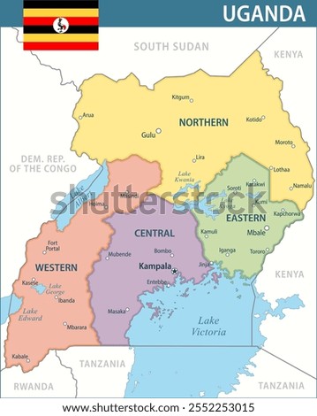 Uganda Map Vector New 2024 Colorful - Customizable layered political map of Uganda with administrative divisions for website, education, reports, news, politics, print, poster and wallpaper