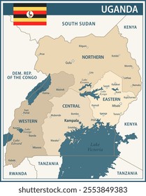 Uganda Map Vector Vintage Dark Blue Beige - Customizable layered political map of Uganda with administrative divisions for website, education, reports, news, politics, print, poster and wallpaper