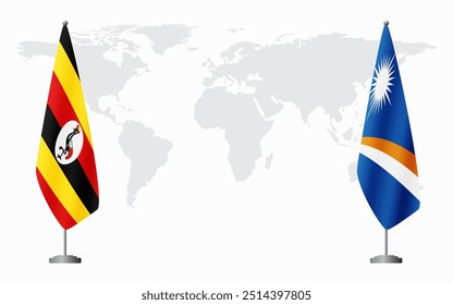 Bandeiras de Uganda e Ilhas Marshall para reunião oficial contra o fundo do mapa do mundo.