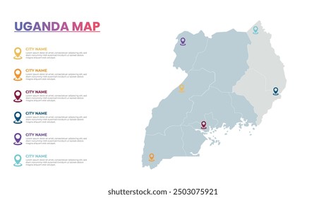 Uganda Modern Map Infografik Vorlage, Detaillierte Infografik Karte von Uganda Beliebte Stadt