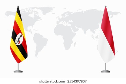 Uganda and Monaco flags for official meeting against background of world map.