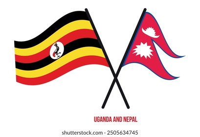 Uganda and Nepal Flags Crossed And Waving Flat Style. Official Proportion. Correct Colors.