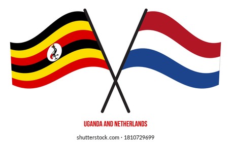 Uganda and Netherlands Flags Crossed And Waving Flat Style. Official Proportion. Correct Colors.