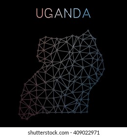 Uganda network map. Abstract polygonal Uganda network map design. Map of Uganda network connections. Vector illustration.