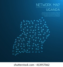 Uganda network map. Abstract polygonal Uganda network map design with glowing dots and lines. Map of Uganda networks. Vector illustration.