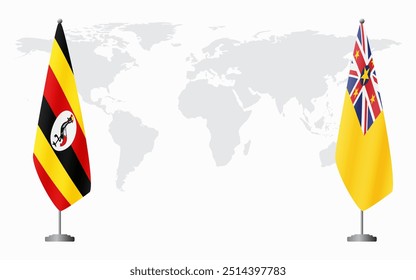 Uganda and Niue flags for official meeting against background of world map.