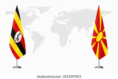 Uganda and Northern Macedonia flags for official meeting against background of world map.