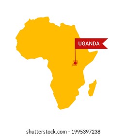 Uganda on an Africa s map with word Uganda on a flag-shaped marker. Vector isolated on white.