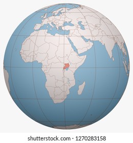 Uganda on the globe. Earth hemisphere centered at the location of the Republic of Uganda. Uganda map.