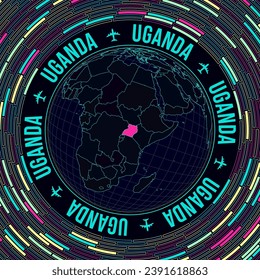 Uganda on globe. Satelite view of the world centered to Uganda. Bright neon style. Futuristic radial bricks background. Amazing vector illustration.