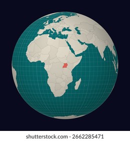 Uganda on the map. Globe centered to Uganda. Country location on the world map. Teal Pale Mint color palette. Globe with countries, meridians and parallels. Trending vector illustration.