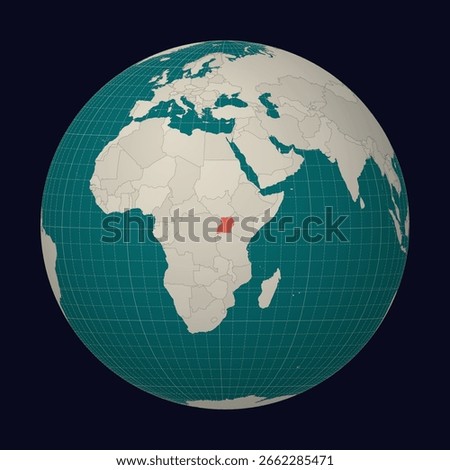 Uganda on the map. Globe centered to Uganda. Country location on the world map. Teal Pale Mint color palette. Globe with countries, meridians and parallels. Trending vector illustration.