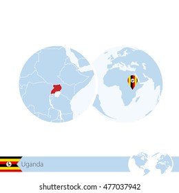 Uganda on world globe with flag and regional map of Uganda. Vector Illustration.