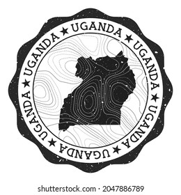 Uganda outdoor stamp. Round sticker with map of country with topographic isolines. Vector illustration. Can be used as insignia, logotype, label, sticker or badge of the Uganda.