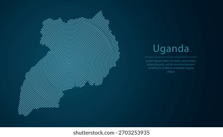 Mapa de contorno de Uganda lleno de círculos concéntricos sobre fondo degradado oscuro