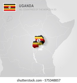 Uganda painted with flag drawn on a gray map.