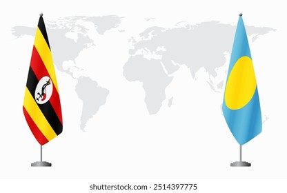 Uganda and Palau flags for official meeting against background of world map.