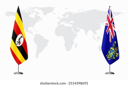 Uganda and Pitcairn Islands flags for official meeting against background of world map.