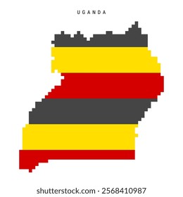 Uganda pixel flag map icon. 8 bit pixel art Ugandan map covered with flag. Flat vector illustration isolated on white background.