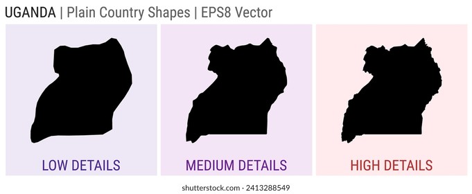 Uganda - plain country shape. Low, medium, and high detailed maps of Uganda. EPS8 Vector illustration.