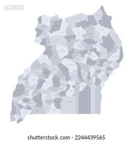 Mapa político de Uganda de divisiones administrativas - distritos. Mapa vectorial gris con etiquetas.