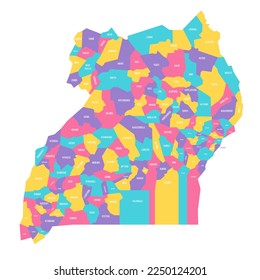 Uganda political map of administrative divisions - districts. Colorful vector map with labels.