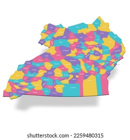 Uganda political map of administrative divisions - districts. 3D colorful vector map with name labels.